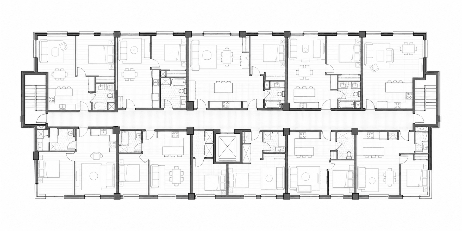 Typical multifamily floor plan with central core and residential units